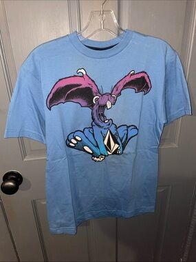 Volcom Light Blue Kids Graphic Tee with Purple & Pink Bat